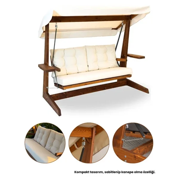Aida Swings Viva 2200 3 Kişilik Ahşap Bahçe Salıncağı, Balkon Ve Teras Salıncağı, Kanepe Özellikli/Krem - Görsel 3