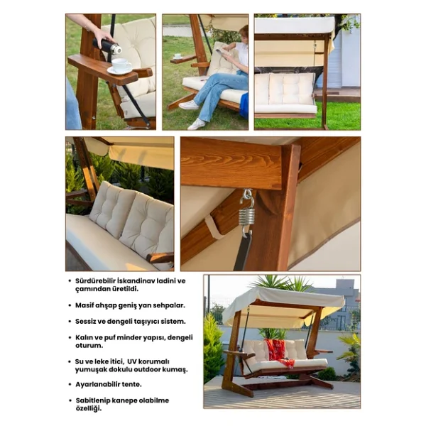 Aida Swings Viva 2200 3 Kişilik Ahşap Bahçe Salıncağı, Balkon Ve Teras Salıncağı, Kanepe Özellikli/Krem - Görsel 5