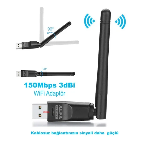 Alfalink W114 150Mbps 2.4Ghz 3dbi Usb Antenli Kablosuz Adaptör - Görsel 2