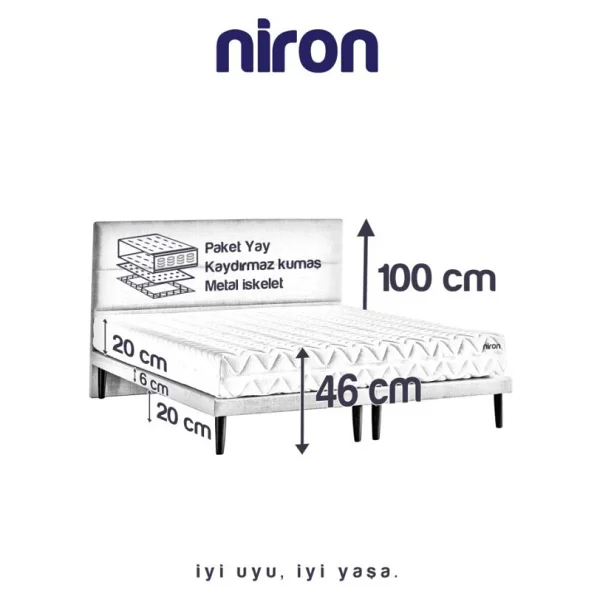 Niron Yatak Niron Slim Pocket Yatak Seti 90X190 Tek Kişilik Paket Yaylı Yatak, Gri Metal Baza ve Başlık Takımı - Koyu Gri - Görsel 6