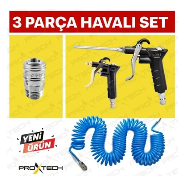 PROXTECH Kompresör Spiral Hava Hortumu 8 mm 15 mt Hava Jakı Hava Tabancası Recor 3 PCS Seti - Görsel 7