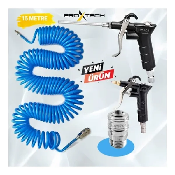 PROXTECH Kompresör Spiral Hava Hortumu 8 mm 15 mt Hava Jakı Hava Tabancası Recor 3 PCS Seti - Görsel 6