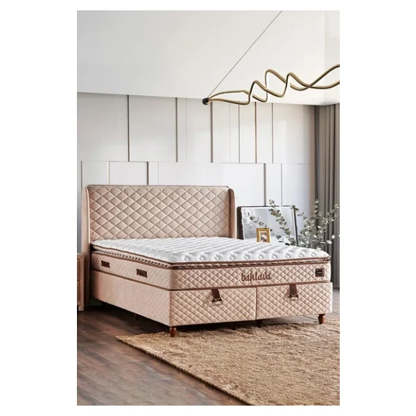 Baklava Lüks Baza ve Başlık Seti 140x190 cm Çift Kişilik Metal Baza ve Başlık Takımı Krem Kumaş - Görsel 7