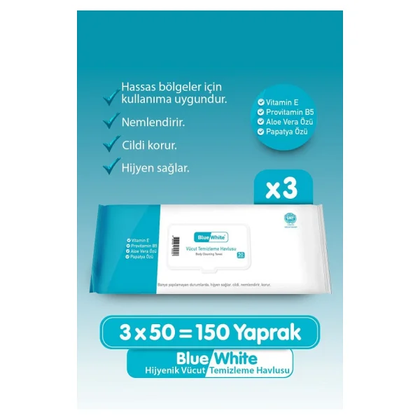 Bluewhite Yetişkin Hasta Vücut Temizleme Mendil 3'lü Set 50 Yaprak - Görsel 2