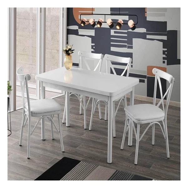 Sweet Home Masa Sandalye Sabit 70x120 Masa Beyaz 4 Adet Çapraz Sandalyetakım - Görsel 7