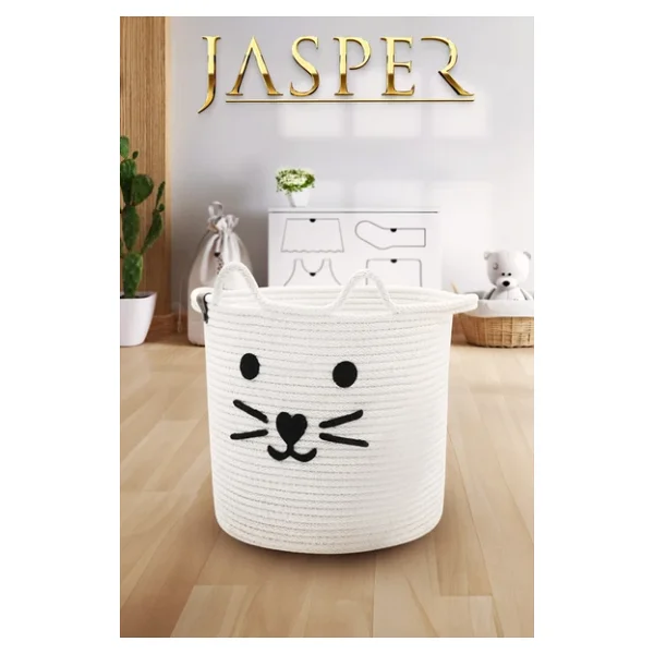 Jasper Beyaz İkili Jüt İp Kedi Tasarımlı Çocuk Odası Oyuncak Kıyafet Kirli Sepeti Organizer - Görsel 2