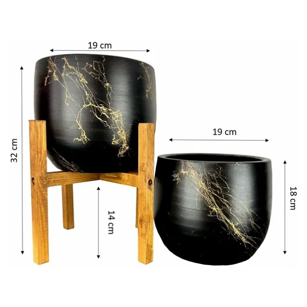 Bitki Tasarımı Siyah Üzeri Gold Mermer Efektli Toprak Saksı Saksılık Salon Çiçeklik İkili Set Ayaksız - 4 Ayaklı- 19 Cm - Görsel 4