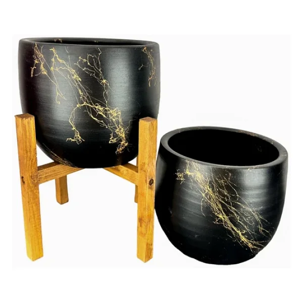 Bitki Tasarımı Siyah Üzeri Gold Mermer Efektli Toprak Saksı Saksılık Salon Çiçeklik İkili Set Ayaksız - 4 Ayaklı- 19 Cm - Görsel 5