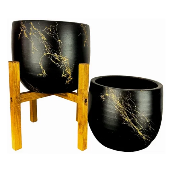 Bitki Tasarımı Siyah Üzeri Gold Mermer Efektli Toprak Saksı Saksılık Salon Çiçeklik İkili Set Ayaksız - 4 Ayaklı- 19 Cm - Görsel 6