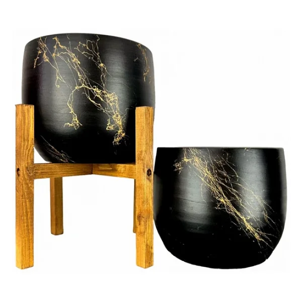 Bitki Tasarımı Siyah Üzeri Gold Mermer Efektli Toprak Saksı Saksılık Salon Çiçeklik İkili Set Ayaksız - 4 Ayaklı- 19 Cm - Görsel 3