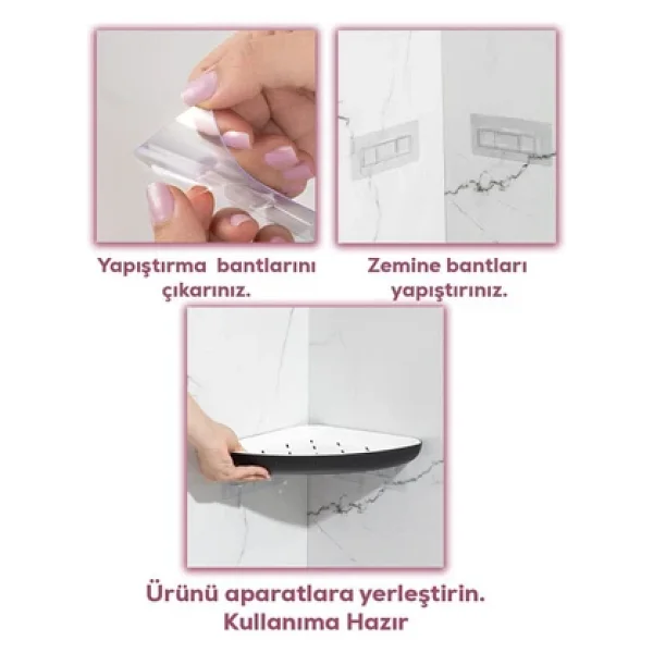 Porsima 0447 2'li İstiridye Banyo Köşe Rafı - Yapışkanlı Duş Rafı Banyo Düzenleyici Organizer - Siyah - Görsel 4