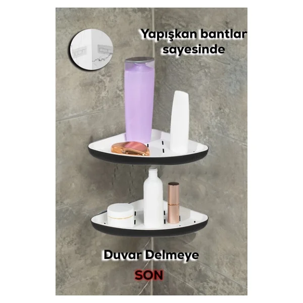 Porsima 0447 2'li İstiridye Banyo Köşe Rafı - Yapışkanlı Duş Rafı Banyo Düzenleyici Organizer - Siyah - Görsel 3