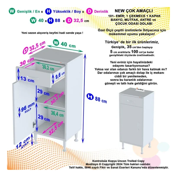 Modilayn Emir 40 X 88 X 32,5 Cm Kapaklı Ve Çekmeceli Çok Amaçlı Banyo&Mutfak Dolabı - Görsel 5