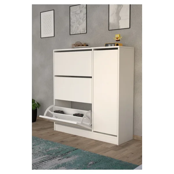 Moonlife Milano 3 Kapaklı Kayar Raflı Dolaplı Ayakkabılık Beyaz - Görsel 3