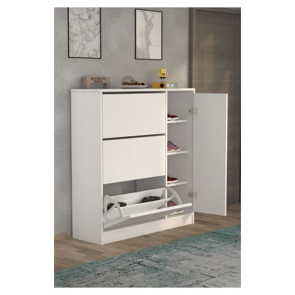 Moonlife Milano 3 Kapaklı Kayar Raflı Dolaplı Ayakkabılık Beyaz - Görsel 2