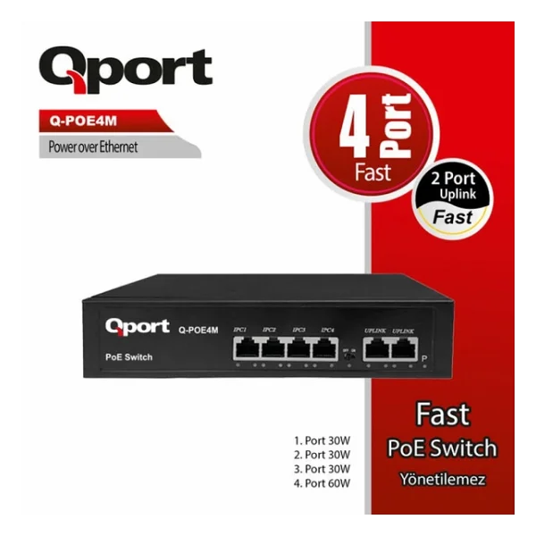Qport Q-POE4M 4 Port 10/100 4 Port PoE 2 Port Uplink 60W Yonetilemez Desktop Switch - Görsel 6