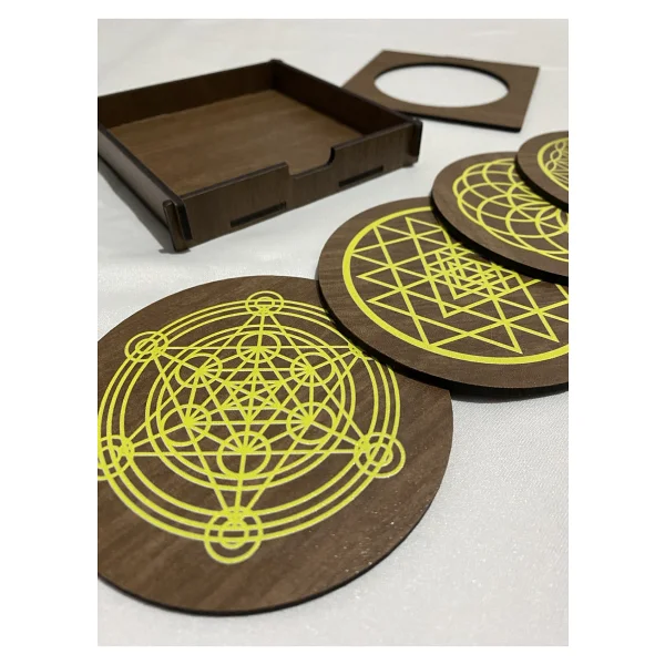 UNT Kutsal Geometri (yaşam Çiçeği - Sri Yantra - Torus - Metatron) 4'lü Set Ahşap Bardak Altlığı - Görsel 2