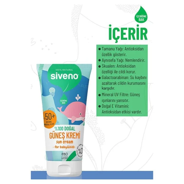 Siveno Bebek Güneş Kremi Leke Karşıtı Antioksidan Nemlendirici Bitkisel Vegan UVA UVB SPF50 50 ml - Görsel 3