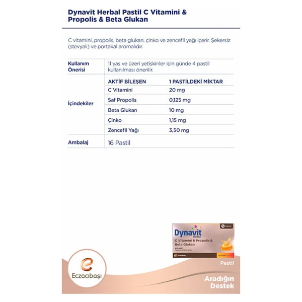Dynavit Herbal Propolis Beta Glukan ve C Vitaminli 16'lı Pastil - Görsel 2