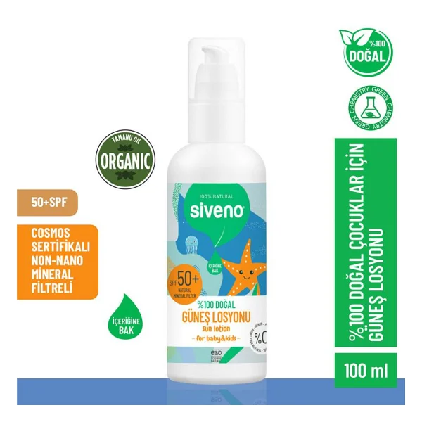 Siveno Çocuk Güneş Losyonu Leke Karşıtı Antioksidan Nemlendirici Bitkisel Vegan UVA UVB SPF50 100 ml - Görsel 2