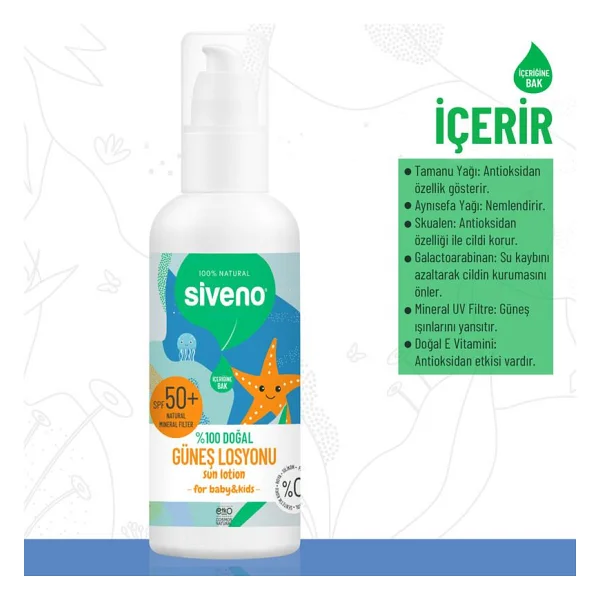 Siveno Çocuk Güneş Losyonu Leke Karşıtı Antioksidan Nemlendirici Bitkisel Vegan UVA UVB SPF50 100 ml - Görsel 3