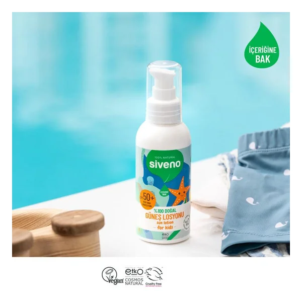 Siveno Çocuk Güneş Losyonu Leke Karşıtı Antioksidan Nemlendirici Bitkisel Vegan UVA UVB SPF50 100 ml - Görsel 4