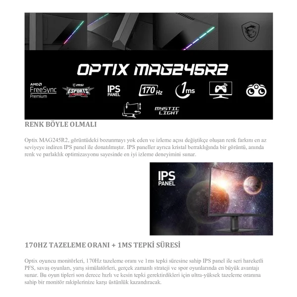 MSI Optix MAG245R2 23.8'' 1ms Full HD IPS 170 Hz Oyuncu Monitörü - Görsel 8