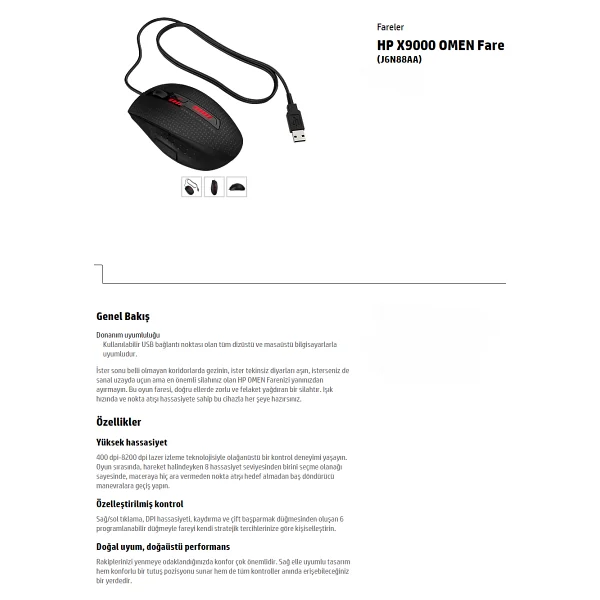 HP Omen X9000 J6N88AA Kablolu Lazer Oyuncu Mouse - Görsel 4