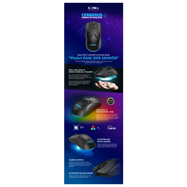 Claws Cerberus RGB Optik Kablolu Oyuncu Mouse - Görsel 7