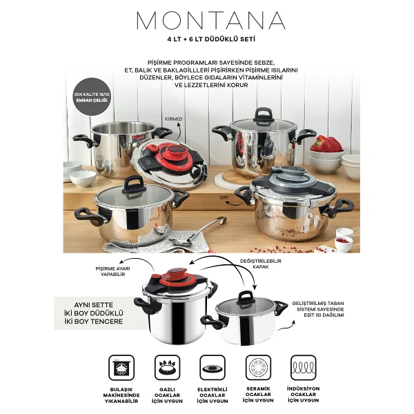 Emsan Montana Kırmızı-Siyah 4 lt + 6 lt Düdüklü Tencere Seti - Görsel 9