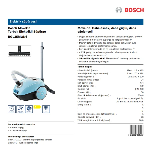 Bosch BGL35MON6 600 W Toz Torbalı Süpürge - Görsel 3