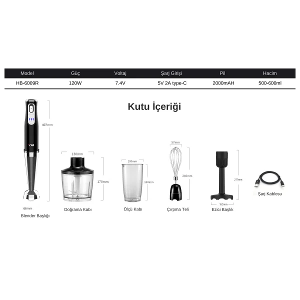 Yui HB6009R 4'ü 1 Arada Kablosuz El Blender Seti - Görsel 10