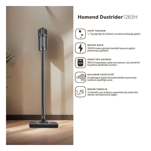 Homend Dustrider Dikey Süpürge 500 W Güçlü Emiş Teknolojisi 0.9 L Toz Haznesi İle Siyah - Görsel 8