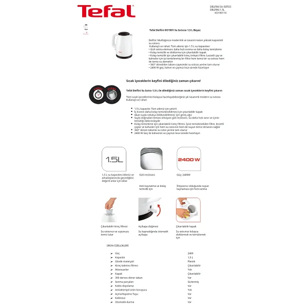 Tefal Delfini 2400 W 1.5 lt Su Isıtıcısı - Görsel 2