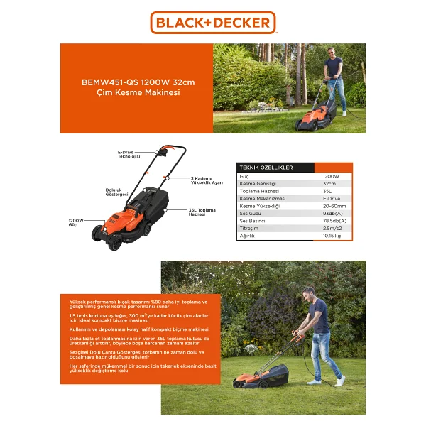 Black+Decker BEMW451-QS 1200 W Elektrikli Çim Biçme Makinesi - Görsel 8