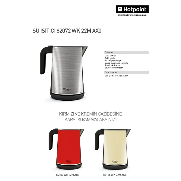 Hotpoint-Ariston WK 22M AX0 2200 W 1.7 lt Çelik Kettle - Görsel 6