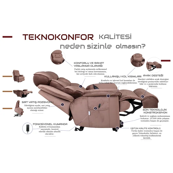 Tekno Konfor Lotus Masajlı Lift Hasta Baba Tv Koltuğu - Kahverengi - Görsel 9