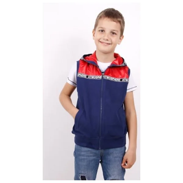 Toontoy Erkek Çocuk Şeritli Kapüşonlu Yelek Lacivert 6 YAŞ - Görsel 6