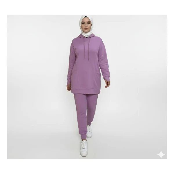 2273_Tesettür Kapüşonlu Eşofman Takımı - 3 İplik, Cepli, Oversize Rahat Kesim, Mevsimlik Spor Takım, 00430 Yeşil, 42 - Görsel 2