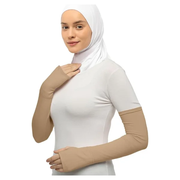 Altobeh Kesik Parmak Geçmeli Penye Tesettür Kolluk, Koyu Bej - Görsel 3