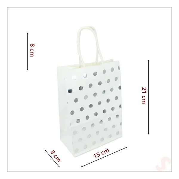 SüSLe Bebek ve Parti Gümüş Puanlı Beyaz Karton Çanta, 21 X 15 X 8 Cm - 12 Adet - Görsel 3
