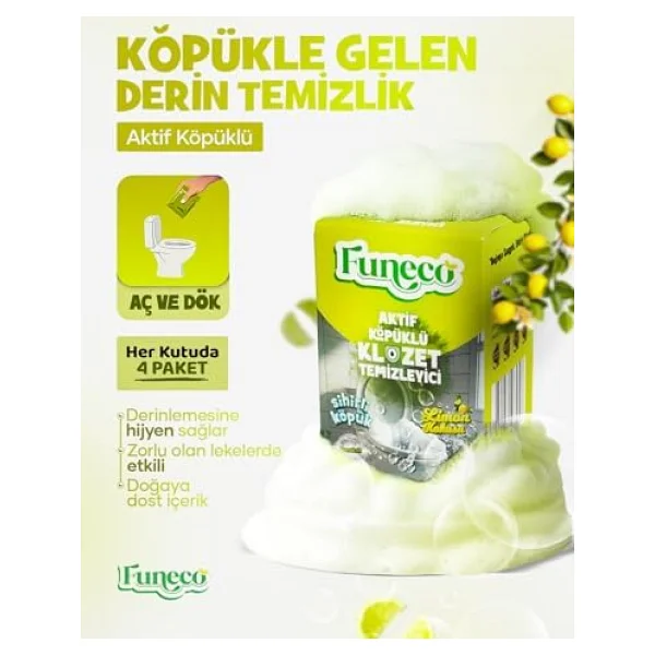 FUNECO Klozet Tuvalet WC Temizleyici, 1 Kutuda 4 Paket (300g), Aktif Köpüklü, Doğa Dostu, Limon - Görsel 8