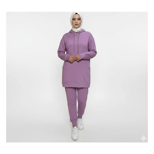 2273_Tesettür Kapüşonlu Eşofman Takımı - 3 İplik, Cepli, Oversize Rahat Kesim, Mevsimlik Spor Takım, 00430 Yeşil, 42 - Görsel 3