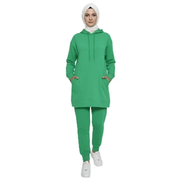 2273_Tesettür Kapüşonlu Eşofman Takımı - 3 İplik, Cepli, Oversize Rahat Kesim, Mevsimlik Spor Takım, 00430 Yeşil, 42 - Görsel 7