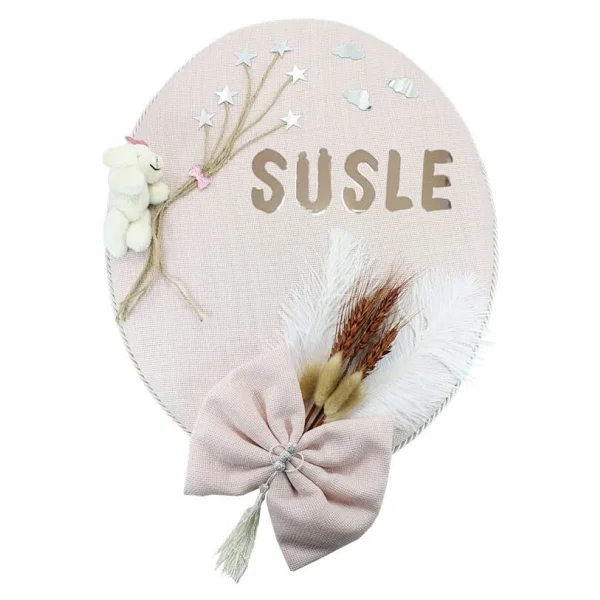 SüSLe Bebek ve Parti Kuru Çiçek Tanzimli, Ayıcıklı, Isimli Oval Kapı Süsü, Pudra Renk - Görsel 9