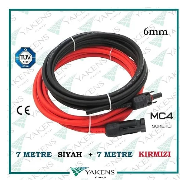 Mc4 Soketli (7m+7m) 14 Metre 6mm Güneş Paneli Hazır Solar Kablo Siyah Kırmızı - Görsel 9