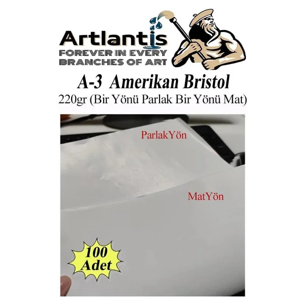 A3 Amerikan Bristol Karton 29.7X42 cm 100 Adet 220 gr Bir Tarafı Parlak Bir Tarafı Mat Kağıt Biristol Karton - Görsel 2