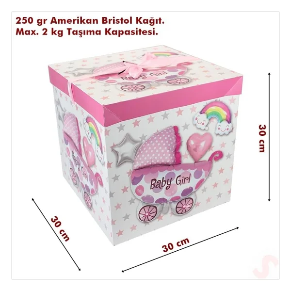 SüSLe Bebek ve Parti Kapaklı, Katlanır Demonte Karton Kutu, 30cm - Puset ve Pembe - Görsel 3