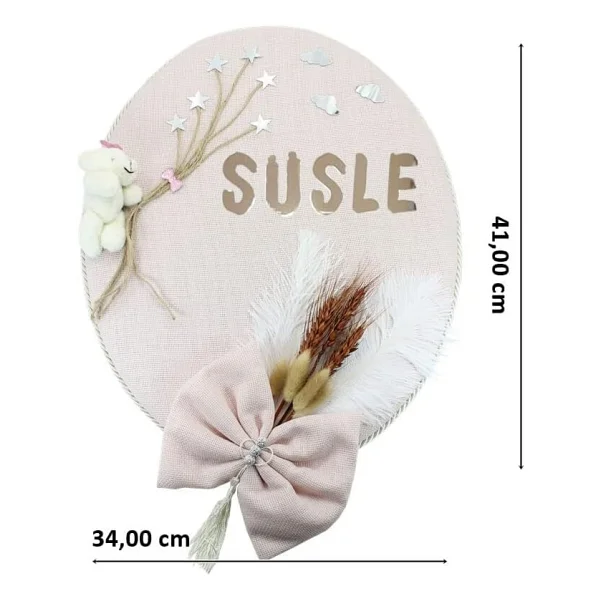 SüSLe Bebek ve Parti Kuru Çiçek Tanzimli, Ayıcıklı, Isimli Oval Kapı Süsü, Pudra Renk - Görsel 2