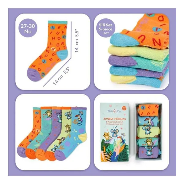 Milk&Moo Jungle Friends Çocuk Çorap Seti 5'Li, Beden 27-30, Yumuşak Ve Dayanıklı Kumaş - Görsel 3